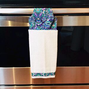 Hanging Kitchen Towel: Purple Green Paisley Topper, Button Closure